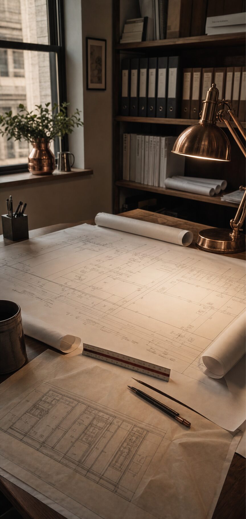 Engineering workspace with drafting tools and electrical drawings
