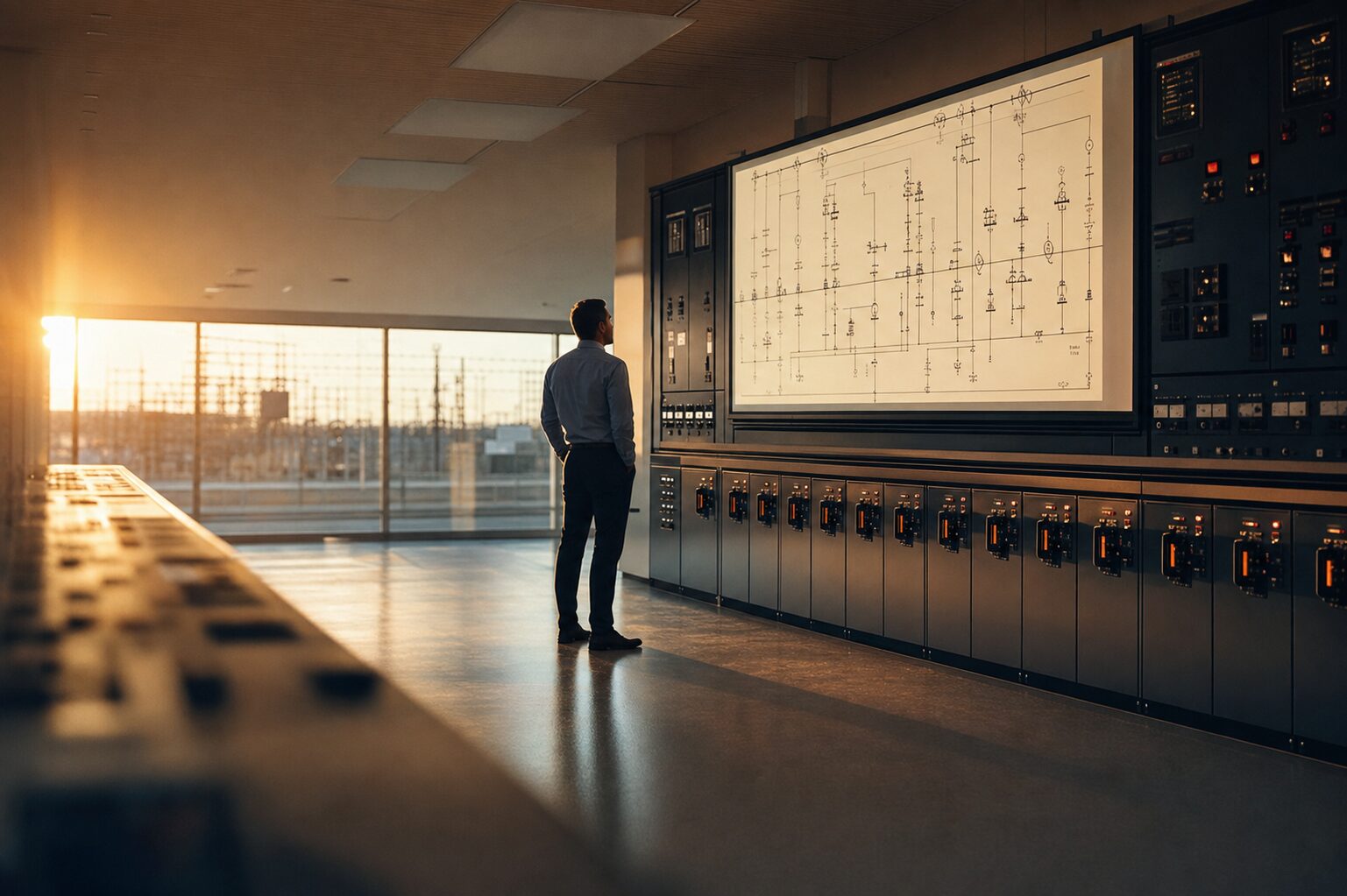 Consulting engineer reviewing a single-line diagram in an electrical substation control room