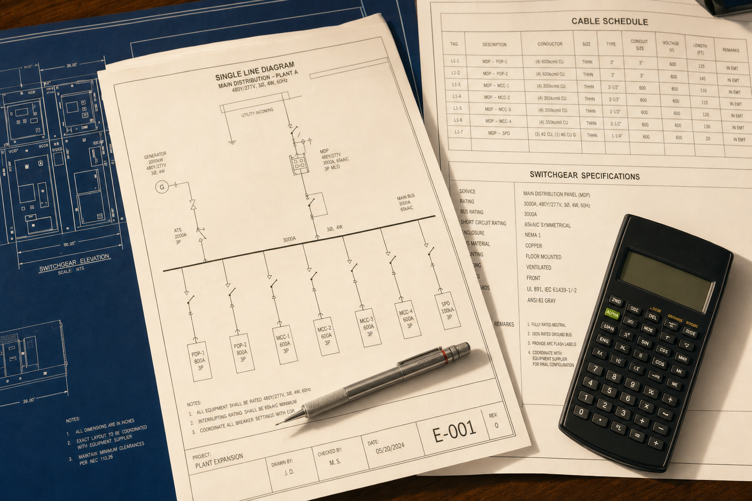 Engineering drawings including single-line diagram, cable schedule, switchgear specifications, and calculator on desk