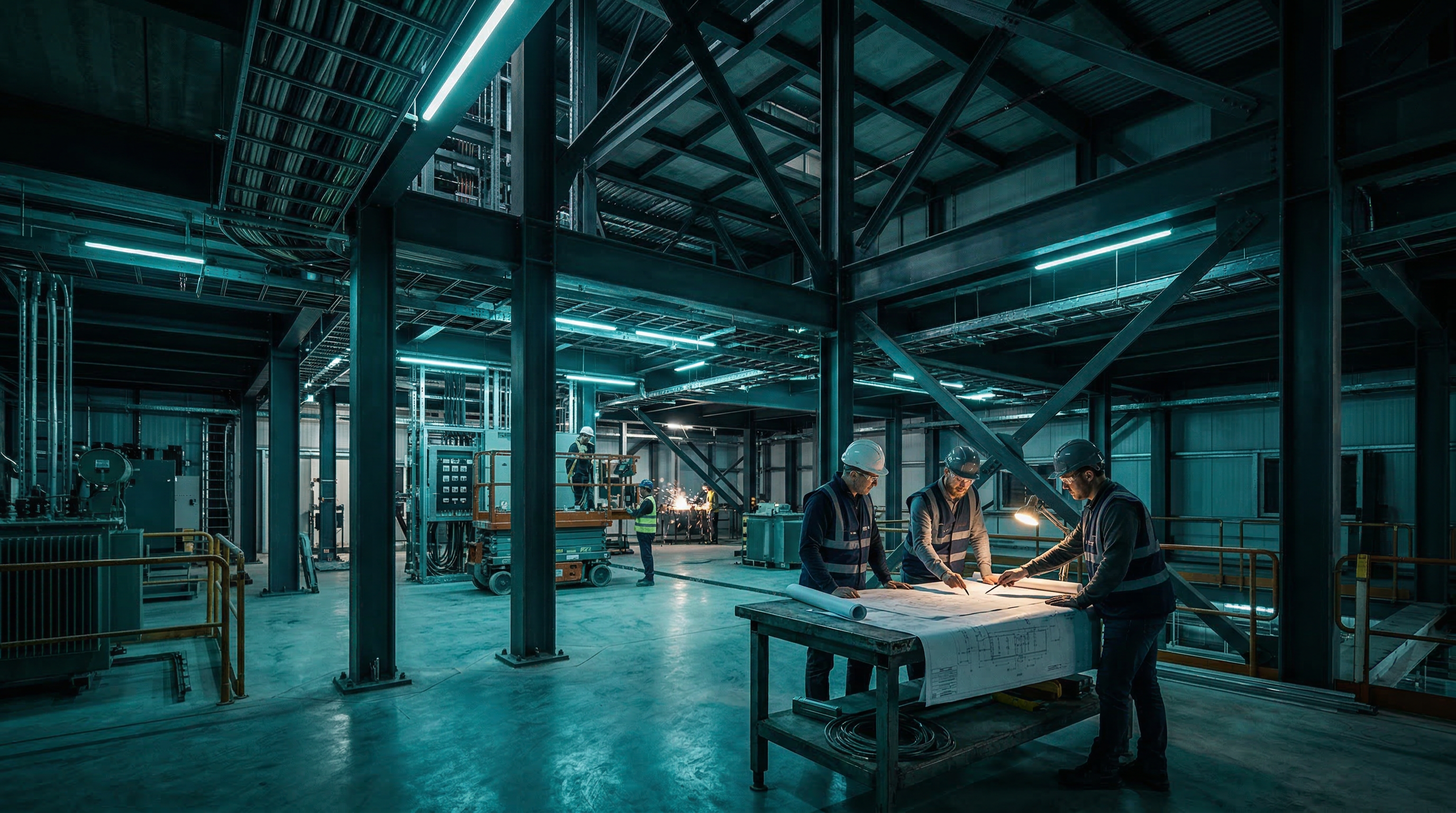 Engineers reviewing blueprints in an industrial facility