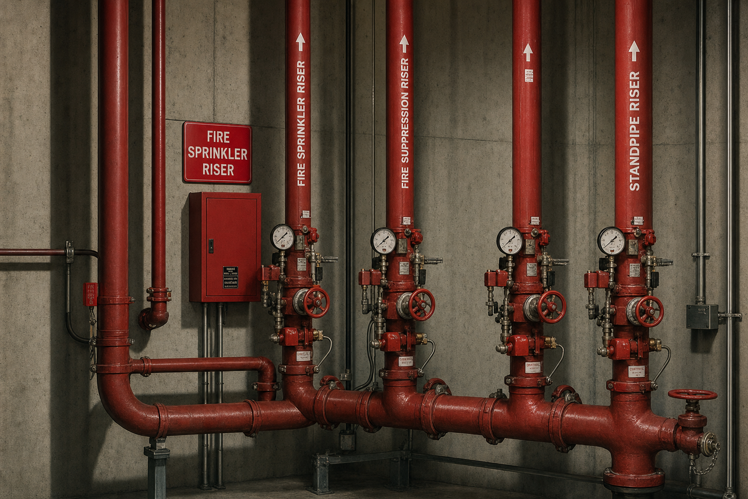 Fire sprinkler and standpipe risers with pressure gauges in a mechanical room