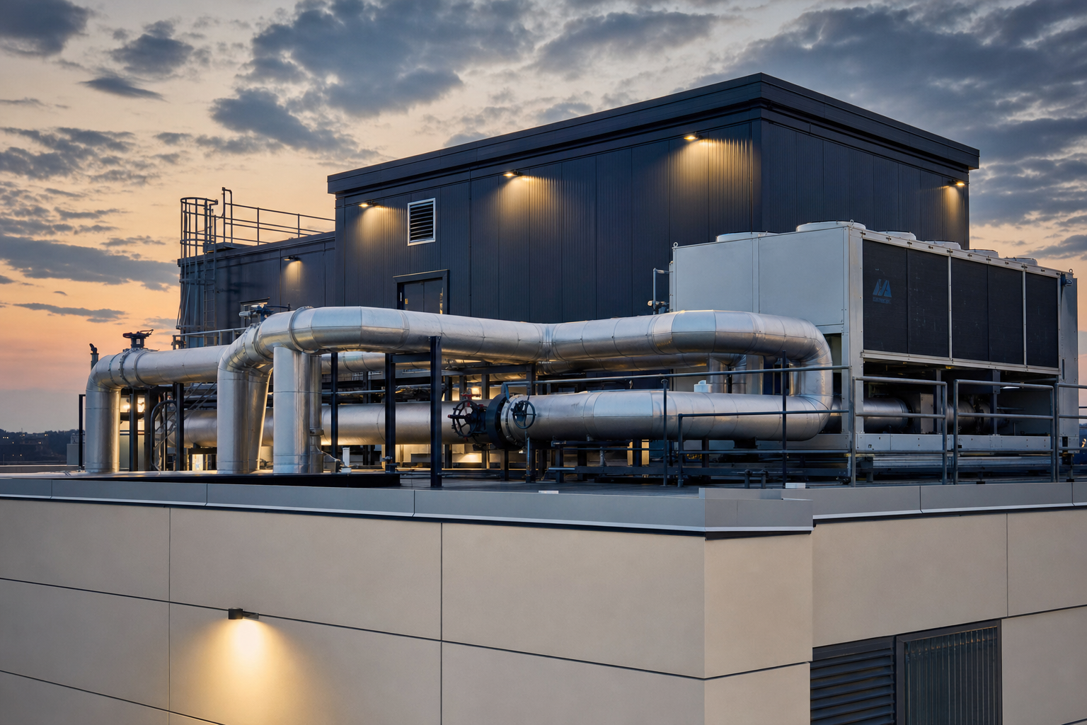 Rooftop mechanical penthouse with chilled water piping and air handlers at dusk